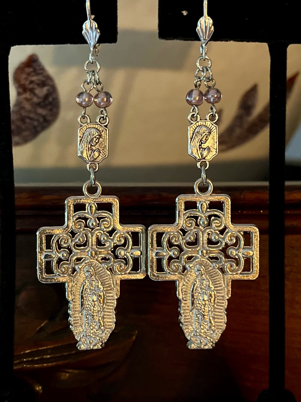 Earrings Chandelier Our Lady of Guadalupe Cross Earrings/Double Sided Medals